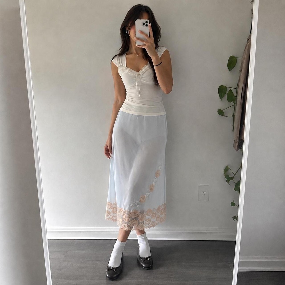 Vintage Pastel Blue Semi Sheer Slip Skirt Women S Cottagecore Coquette Lace